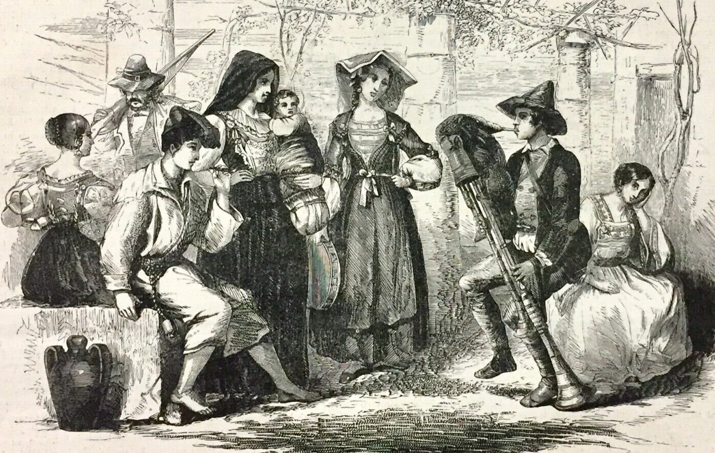 Lo zampognaro tra altre figure con costumi calabresi in una stampa del 1864