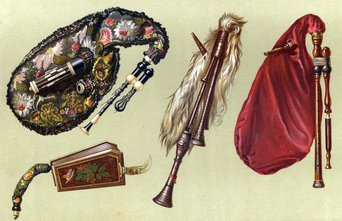 Zampogna calabrese tra altri tipi di cornamusa, dal volume di Alfred J. Hipkins 'Musical Instruments, Historic, Rare and Unique' del 1888