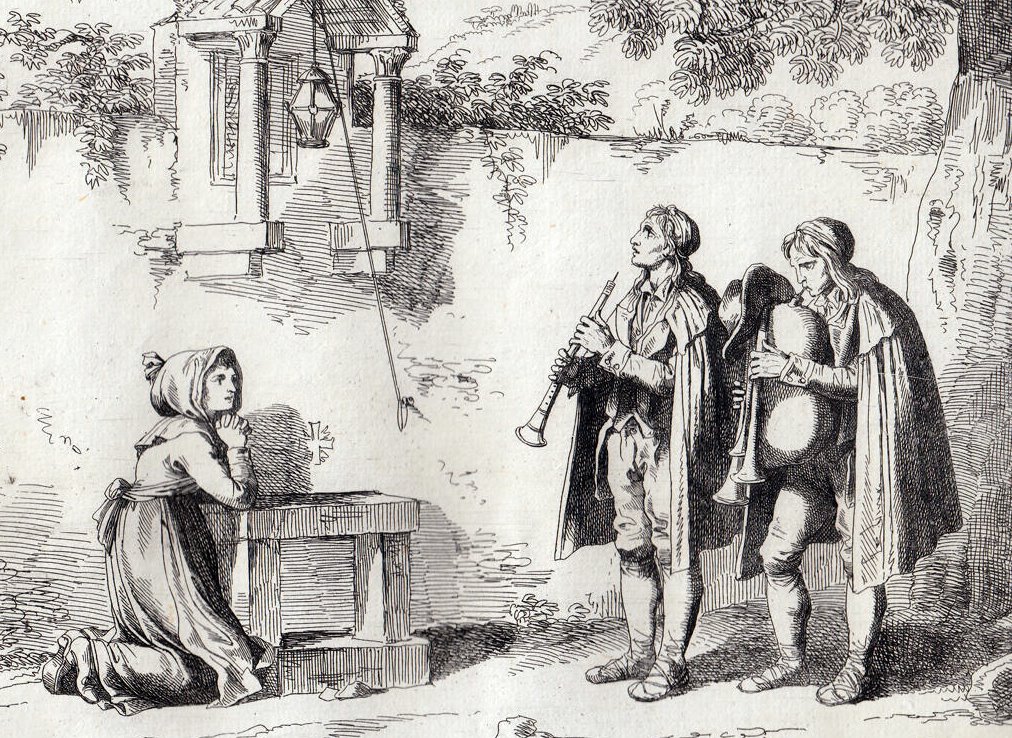 Zampognari del Regno di Napoli che a Roma suonano per la Novena di Natale. Stampa di Pinelli del 1815