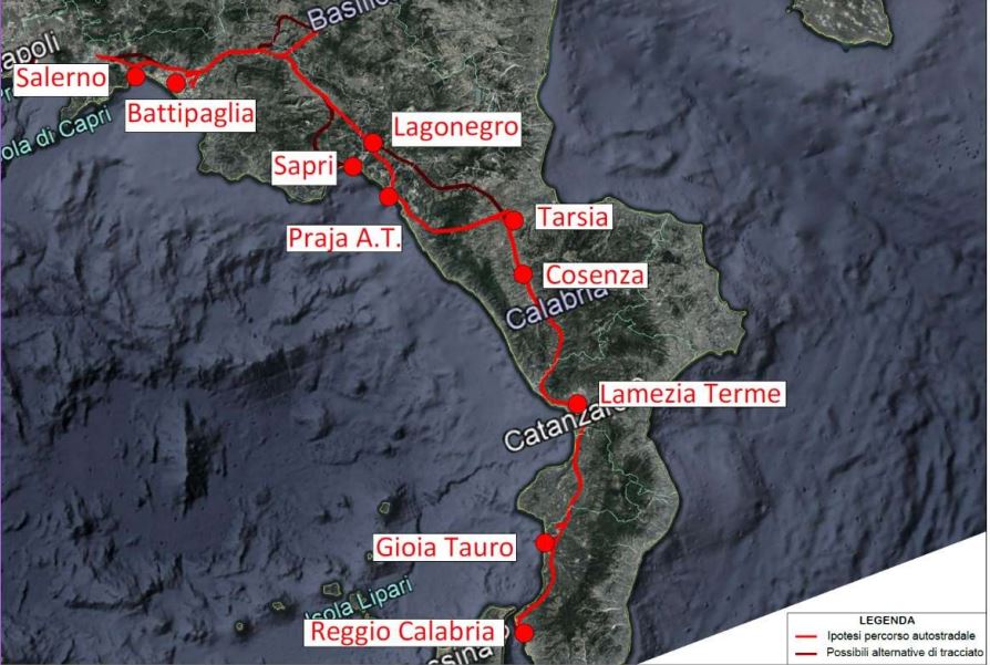 Il tracciato ipotizzato per la nuova tratta ad alta velocità Salerno-Reggio Calabria